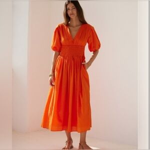 AYR women's Vibrant Orange Extra Extra Puff Sleeve Midi Dress,  Sz Large Cotton